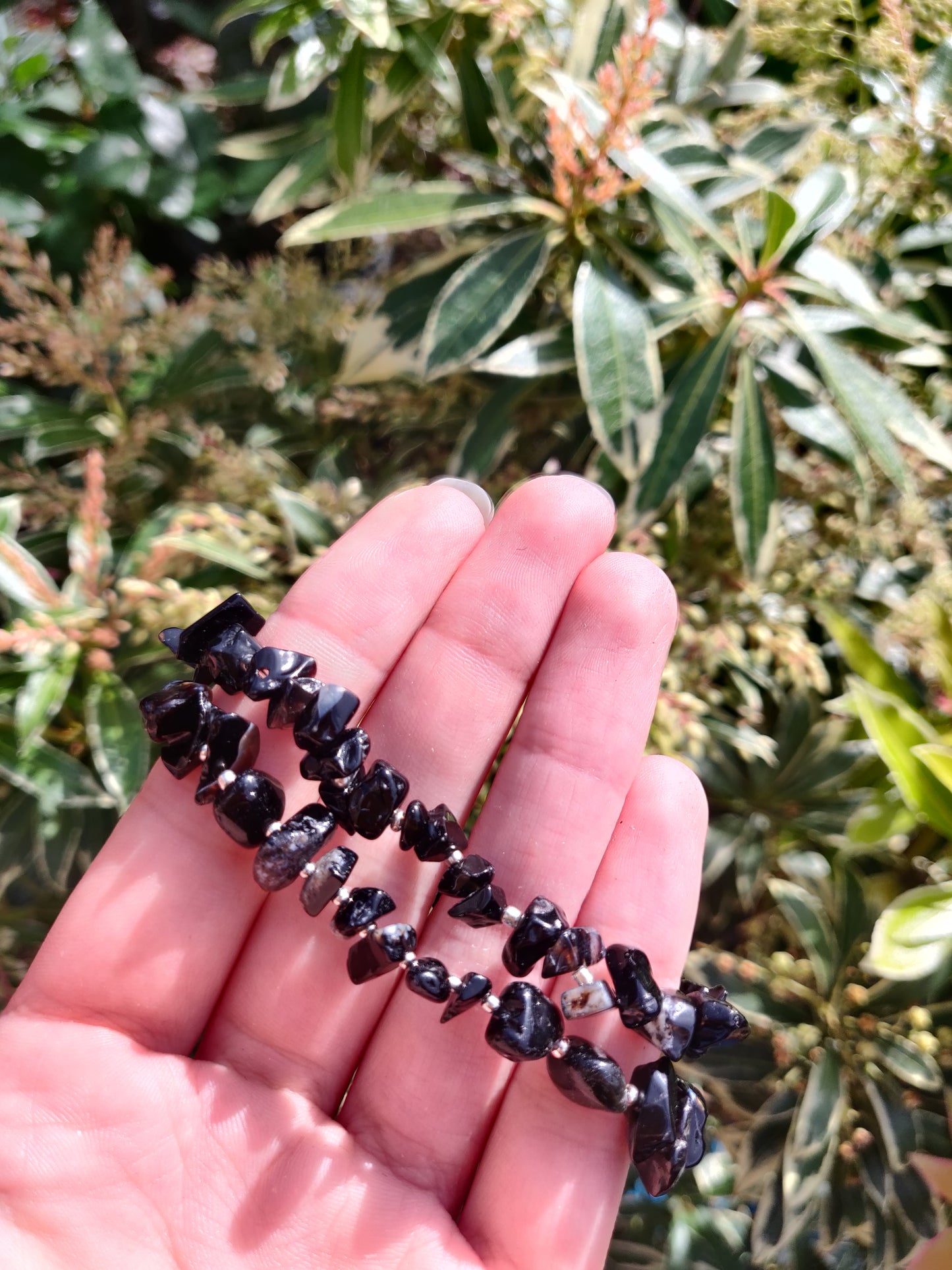 Black Agate Chips with Silver Beads