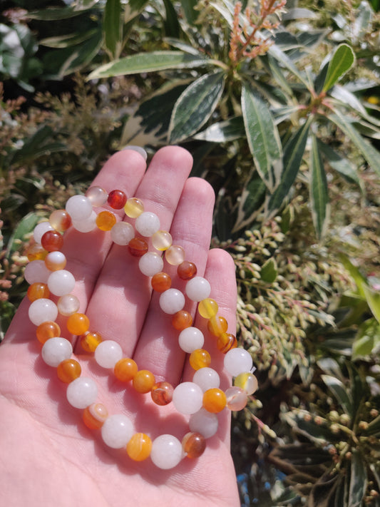 Red/ Orange Agate and Quartz Round Bracelet